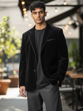 Men's Black Velvet Blazer with Notch Lapel